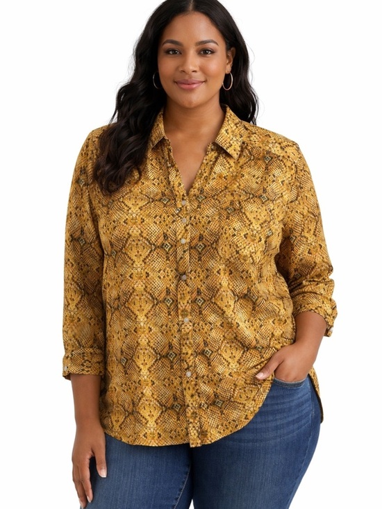 Style & Co. Tops - 🐍 Style & Co. Yellow Snake-Print Button-Down Lightweight Shirt Tab Sleeve 2X